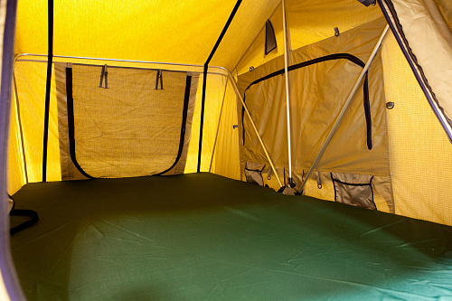 Палатка туристическая быстрораскладывающаяся СТОКРАТ для установки на крышу автомобиля с козырьком над входом и тамбуром (улучшеная ткань).