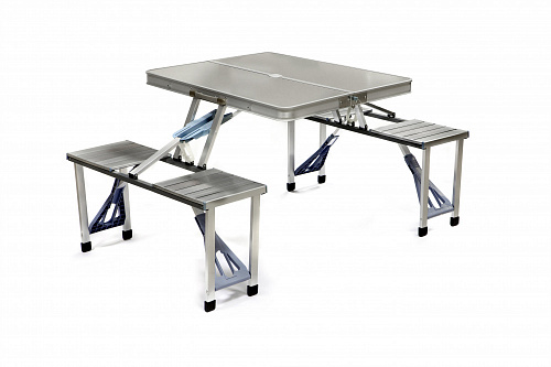 Алюминиевый складной туристический столик (0.85m x 0.66m x 0.66m) с четырьмя табуретками, являющимися частью котструкции